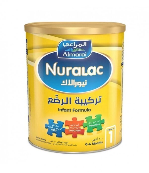 حليب أطفال نيورالاك رقم 1 بعبوة 900 جرام، مخصص للمرحلة الأولى حسب تعليمات العبوة.