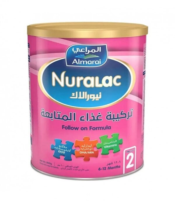 حليب أطفال نيورالاك رقم 2 بعبوة 900 جرام، مناسب للمرحلة العمرية الموضحة على العبوة.
